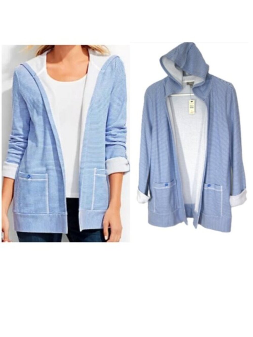 Talbots NEW Size M Blue White Stripe Open Front Jacket Cardigan Hood Pockets